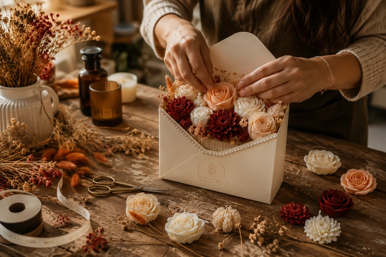 Mains d'une artisane Flore & Flame composant un bouquet dans une boîte enveloppe, entourée de fleurs séchées, bougies et ciseaux dorés.