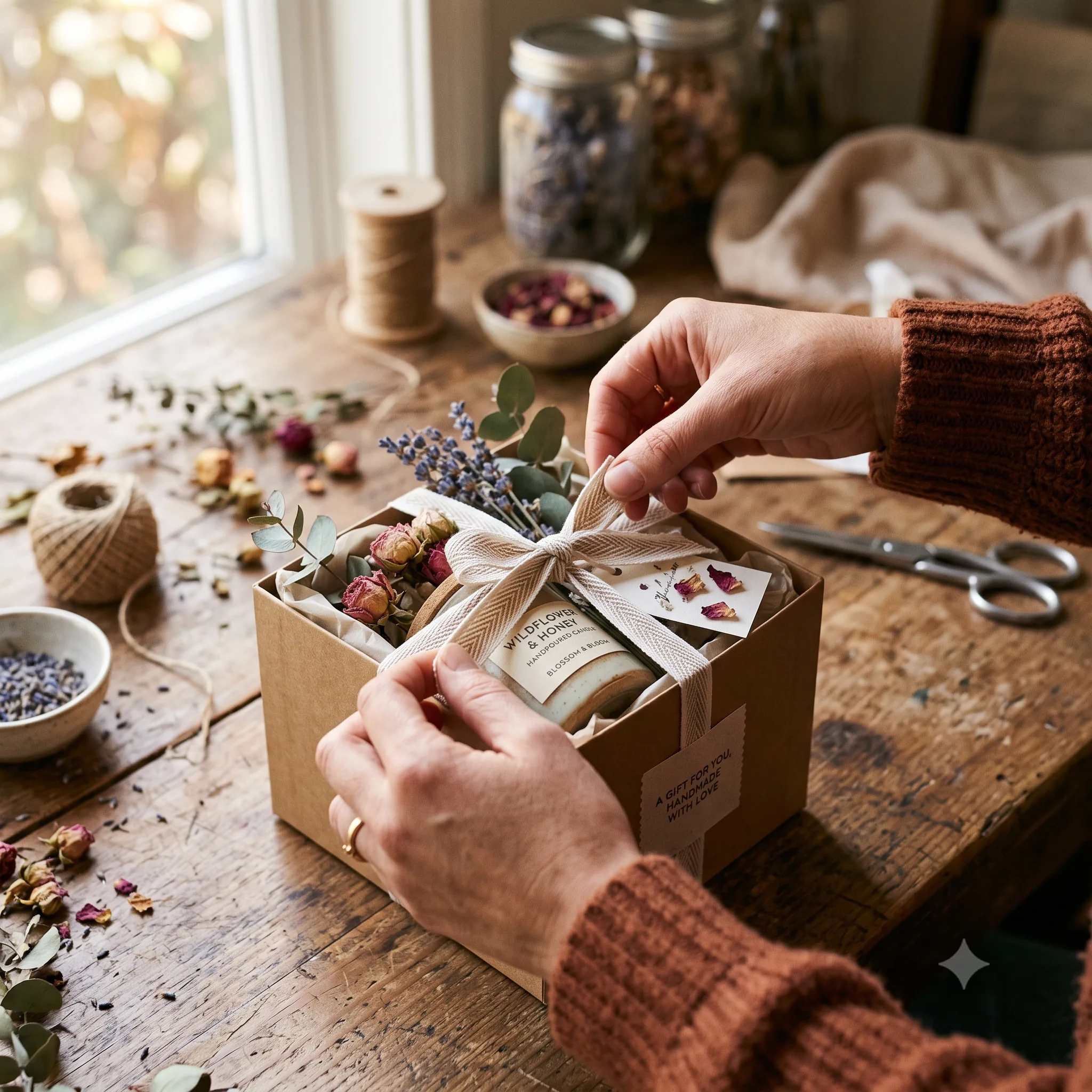 Coffret cadeau kraft ouvert révélant une bougie Wildflower & Honey, noué d'un ruban avec brins d'eucalyptus et carte manuscrite.