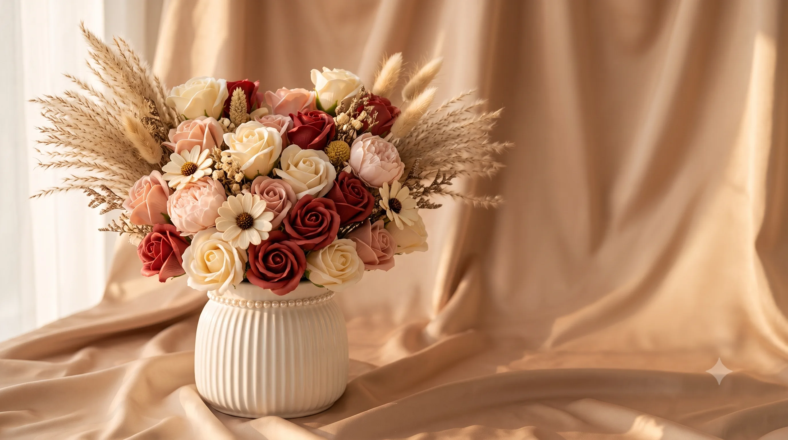 Bouquet de roses en cire ivoire, blush et bordeaux dans un vase en céramique, posé sur un drap de soie dorée.
