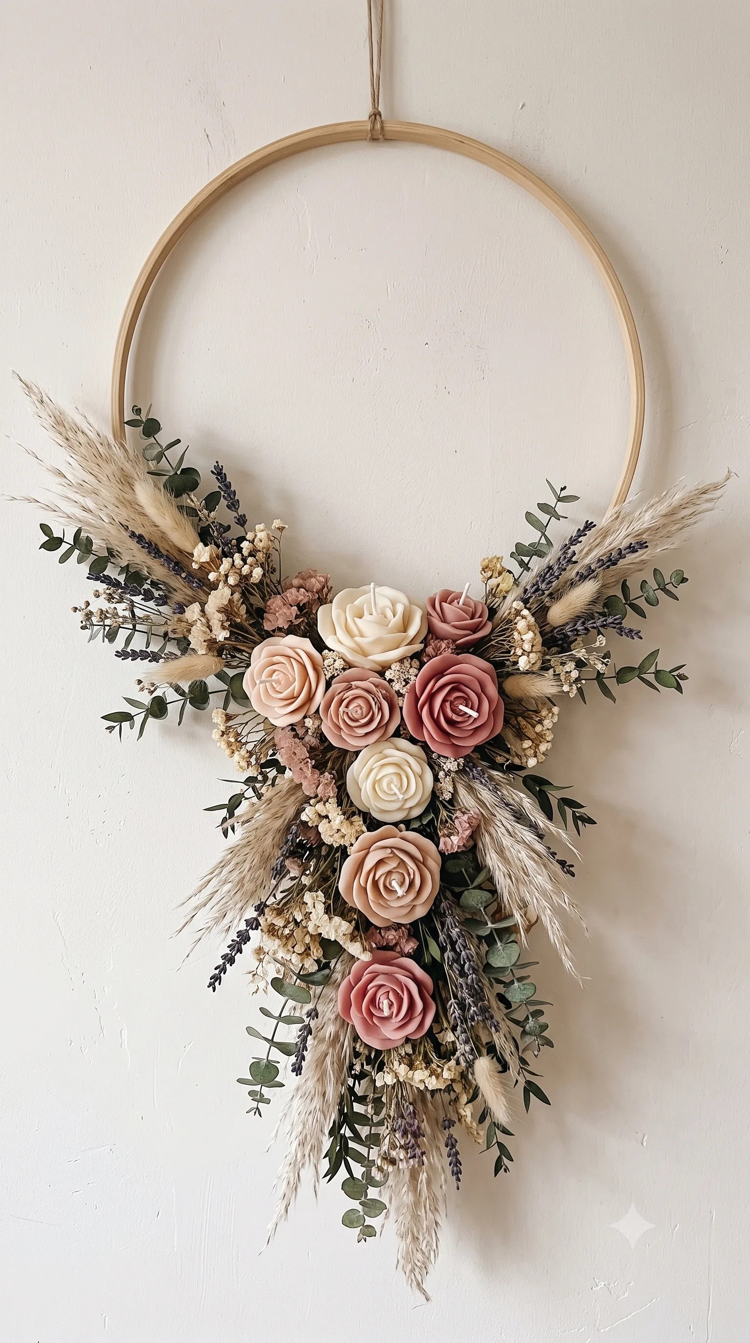 Couronne suspendue en bois avec roses-bougies rosées, lavande séchée et eucalyptus, sur mur blanc.
