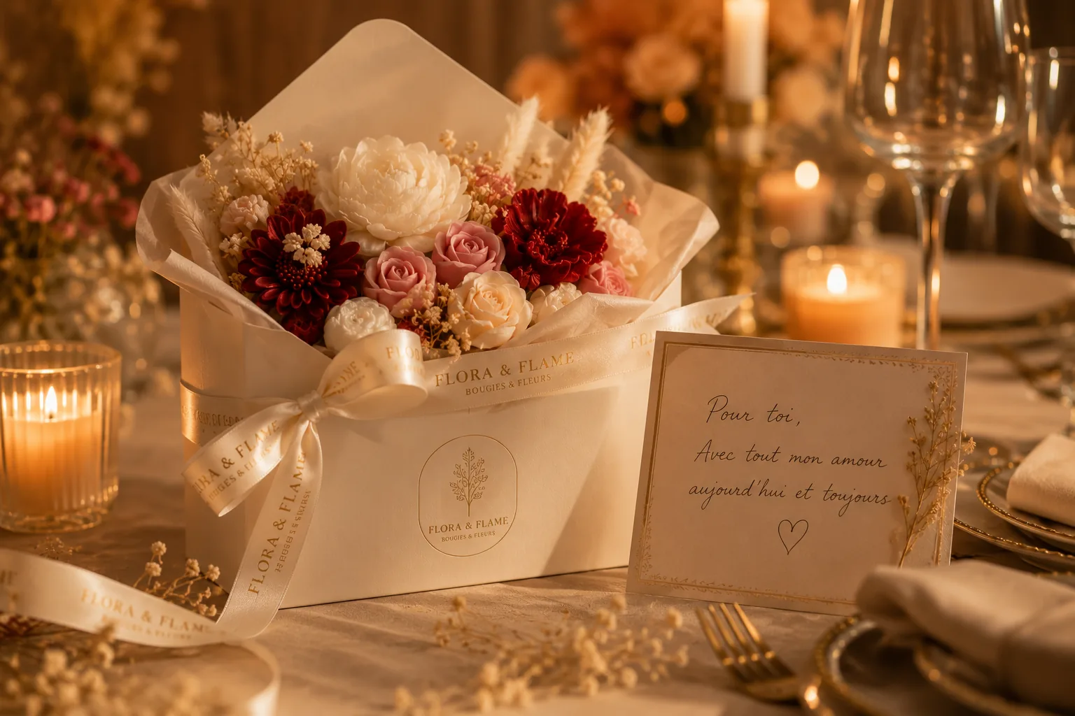 Bougies allumées et bokeh doré sur une table dressée pour une occasion spéciale.