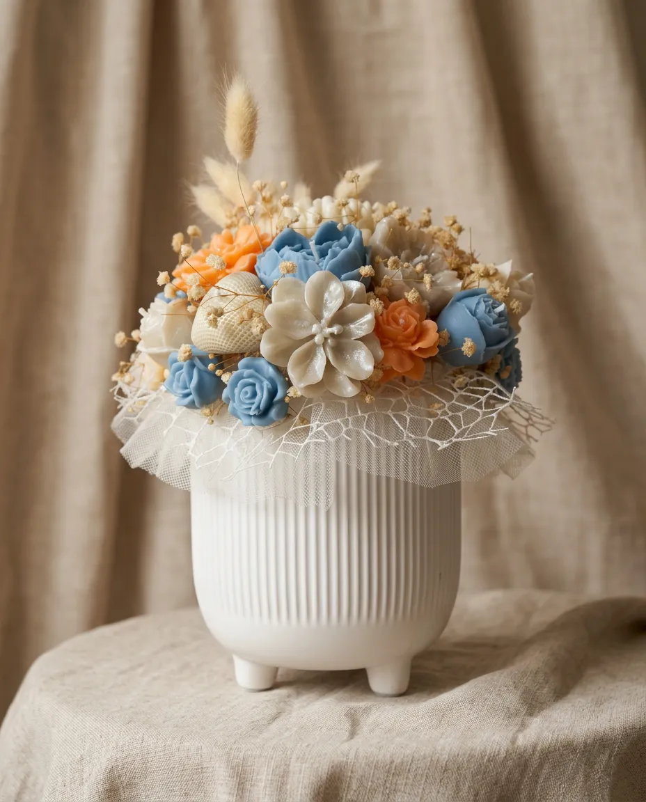 Le bouquet corail & bleu en cire dans un pot blanc, sur fond de lin drapé.